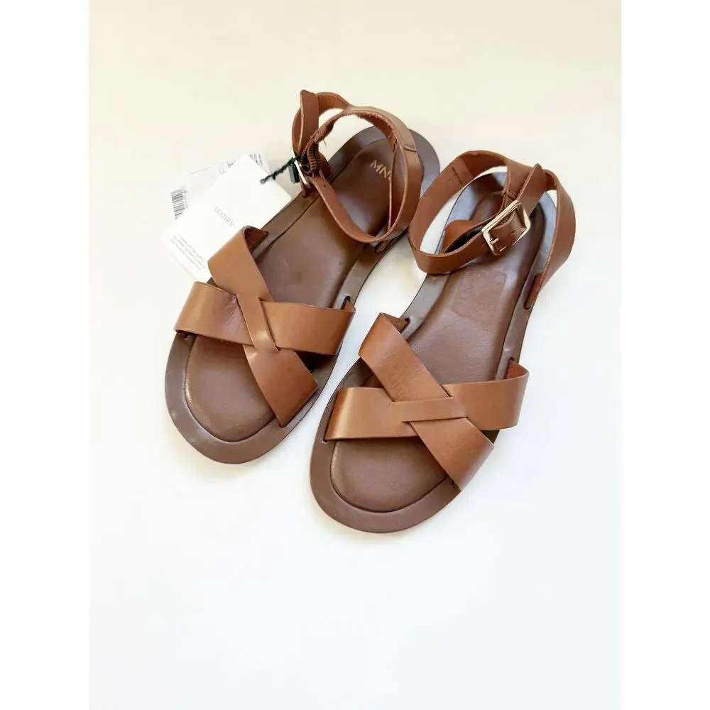 NWT Mango Leather Brown Gold Buckle Strap Sandal EU 36 Size 6